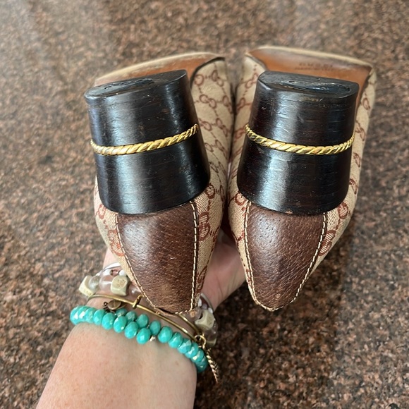 GUCCI LADIES BROWN GG WEB GOLD LOW HEEL PUMPS-40B-9.5-VINTAGE - Picture 9 of 14